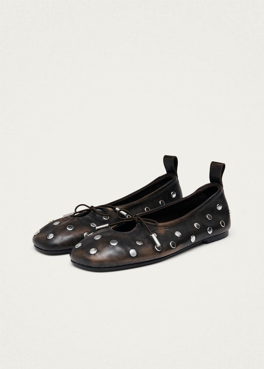 Rosalind All Studs Ballerine in Pelle Marrone Effetto Vintage-image