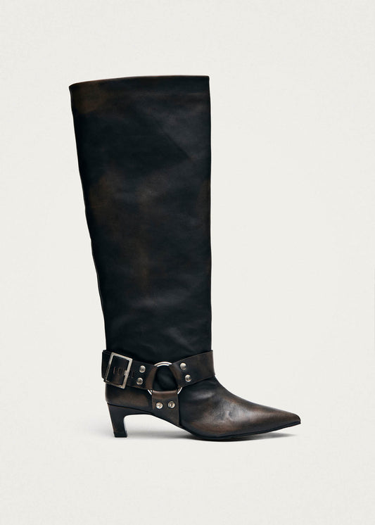 Samia Buckle Vintage Effect Brown Leather Boots