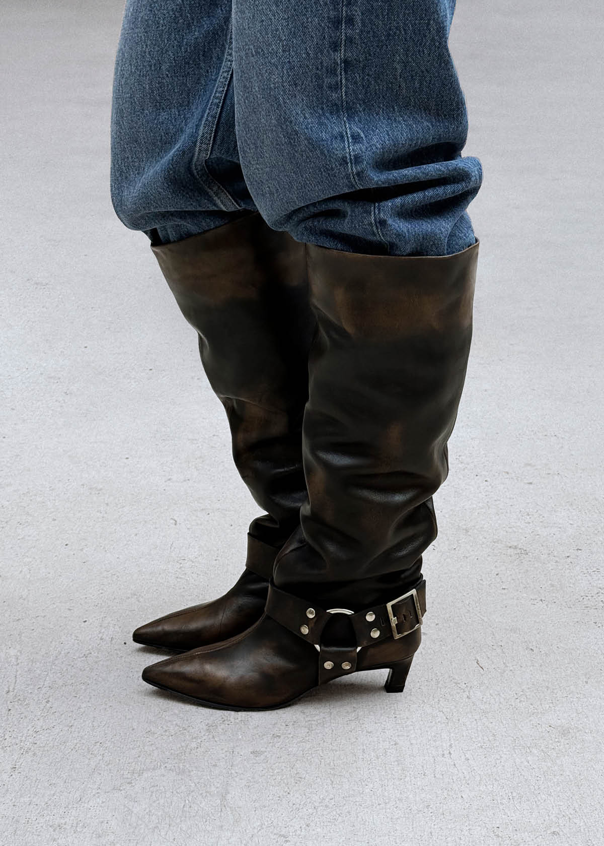 Samia Buckle Vintage Effect Brown Leather Boots