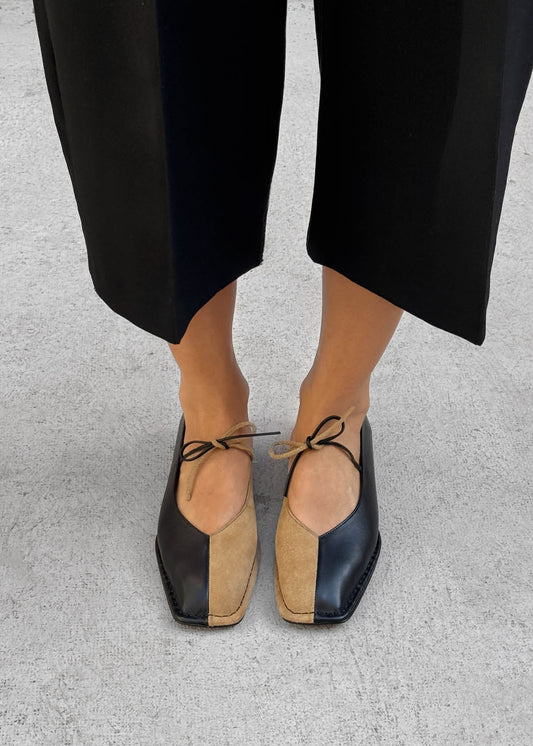 Sway Bicolor Suede Black Beige Leather Ballet Flats-image