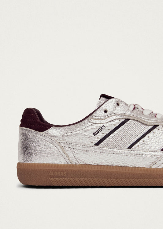 Tb.490 Sneakers en Cuir Argenté et Bordeaux avec Effet Brillant-image