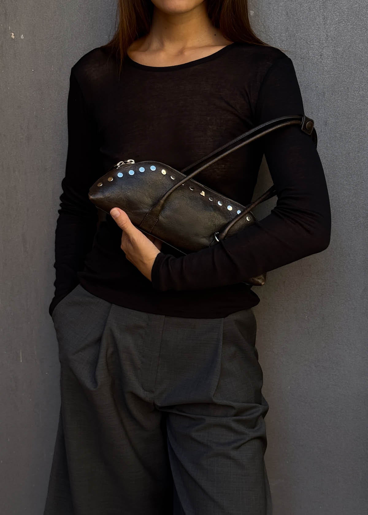 Vera Studs Vintage Effect Brown Leather Bag